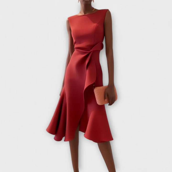 Sophisticated Midi Dress with Asymmetric Detail – Elegant Sleeveless Design