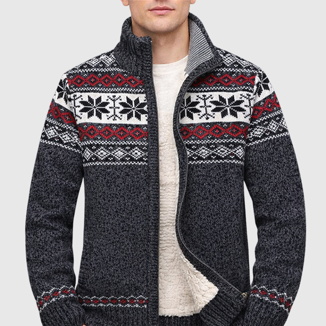 Men’s Zip-Up Sweater – Wool Blend – Sherpa Lined – Jacquard Knit – Regular Fit