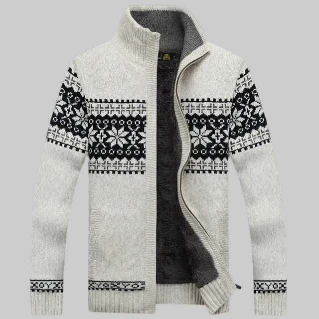 Men’s Zip-Up Sweater – Wool Blend – Sherpa Lined – Jacquard Knit – Regular Fit