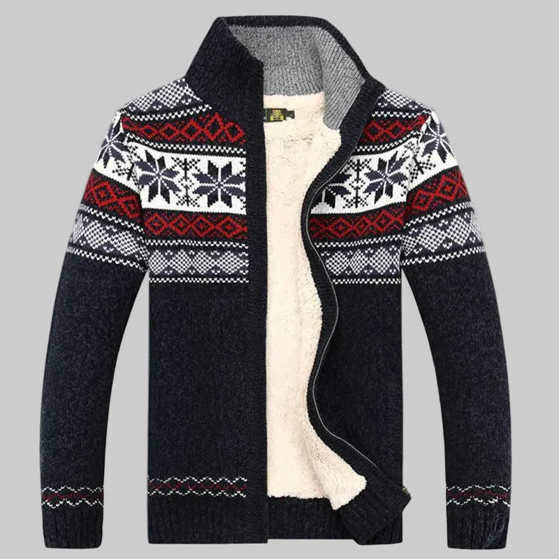 Men’s Zip-Up Sweater – Wool Blend – Sherpa Lined – Jacquard Knit – Regular Fit