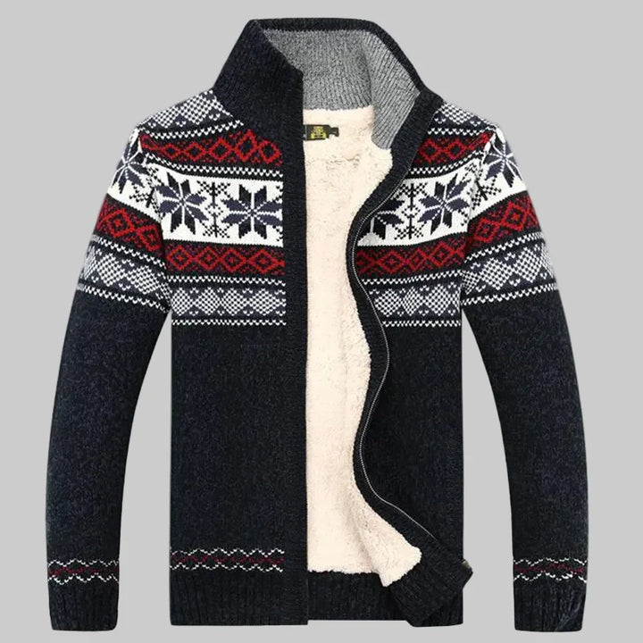 Men’s Zip-Up Sweater – Wool Blend – Sherpa Lined – Jacquard Knit – Regular Fit