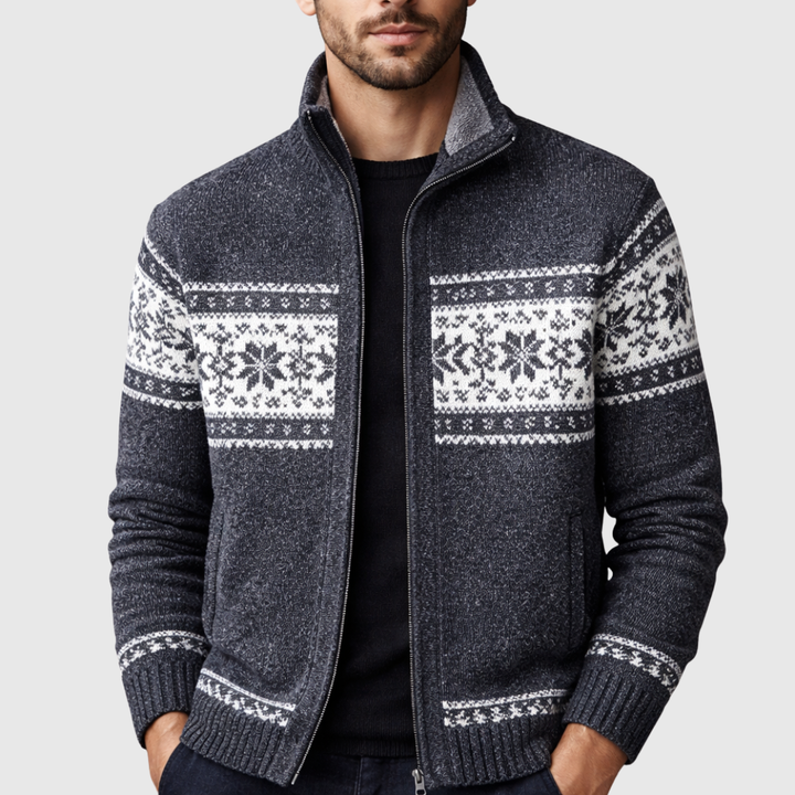 Men’s Zip-Up Sweater – Wool Blend – Sherpa Lined – Jacquard Knit – Regular Fit