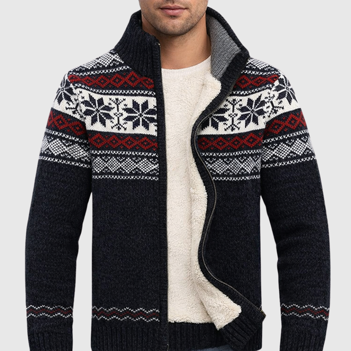 Men’s Zip-Up Sweater – Wool Blend – Sherpa Lined – Jacquard Knit – Regular Fit