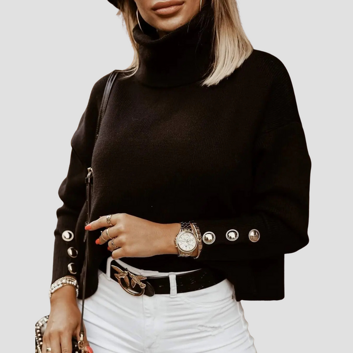 Women's Turtleneck Sweater - Ribbed Knit with Button Cuff Detail