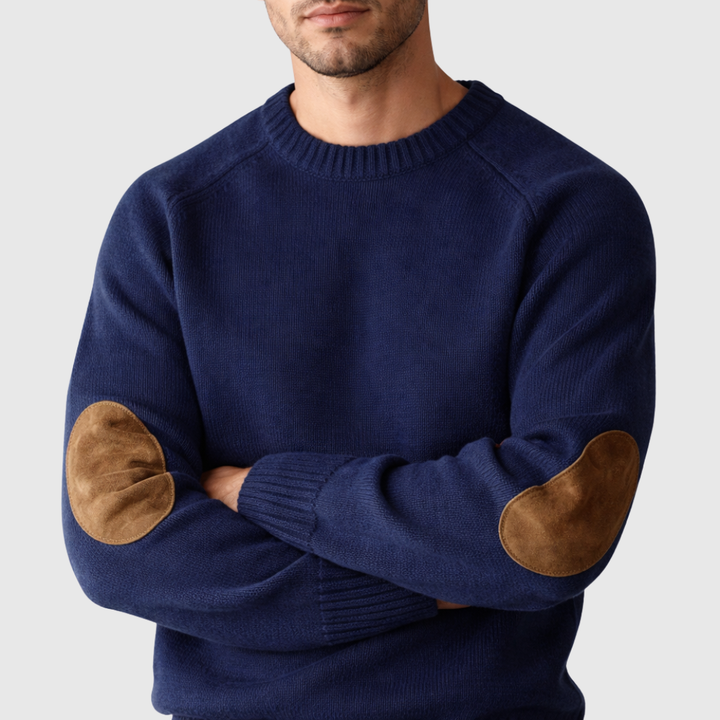 Men's crew neck sweater with elbow patches