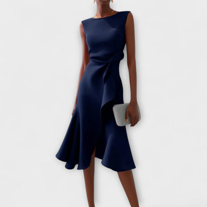 Sophisticated Midi Dress with Asymmetric Detail – Elegant Sleeveless Design
