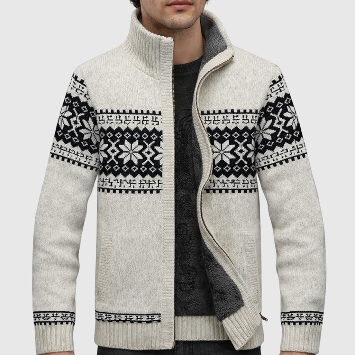 Men’s Zip-Up Sweater – Wool Blend – Sherpa Lined – Jacquard Knit – Regular Fit