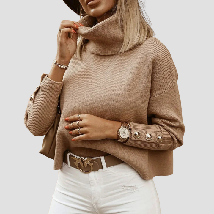 Women's Turtleneck Sweater - Ribbed Knit with Button Cuff Detail
