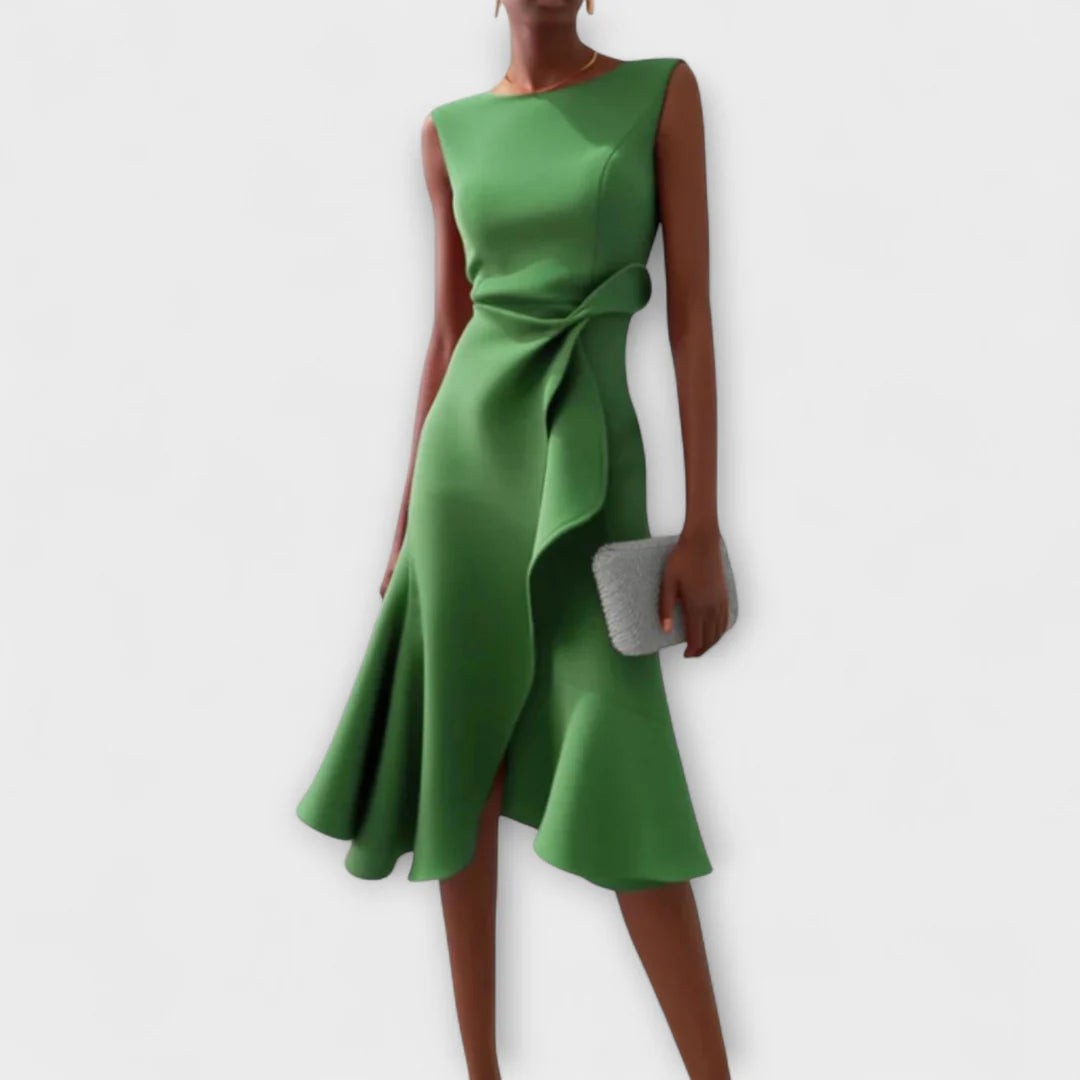 Sophisticated Midi Dress with Asymmetric Detail – Elegant Sleeveless Design