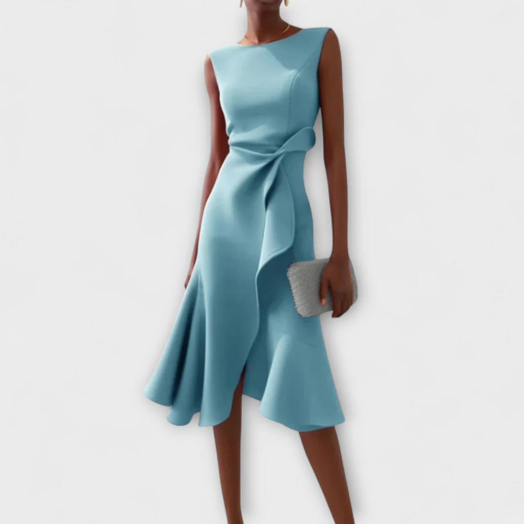 Sophisticated Midi Dress with Asymmetric Detail – Elegant Sleeveless Design