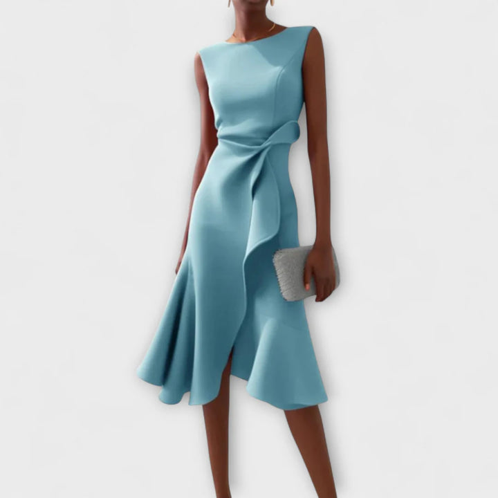Sophisticated Midi Dress with Asymmetric Detail – Elegant Sleeveless Design
