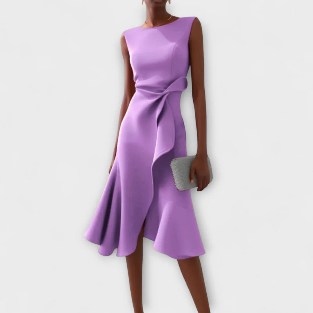 Sophisticated Midi Dress with Asymmetric Detail – Elegant Sleeveless Design