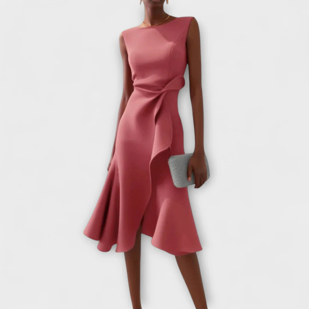 Sophisticated Midi Dress with Asymmetric Detail – Elegant Sleeveless Design