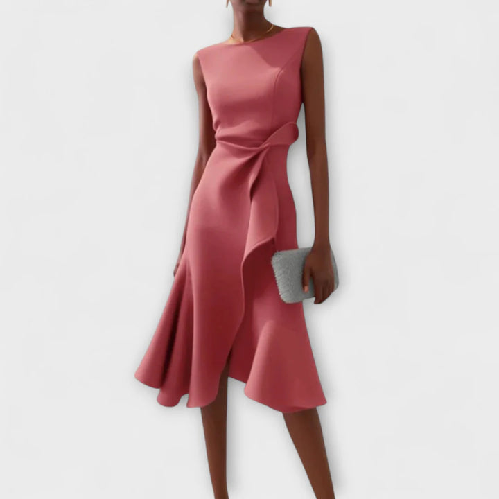 Sophisticated Midi Dress with Asymmetric Detail – Elegant Sleeveless Design