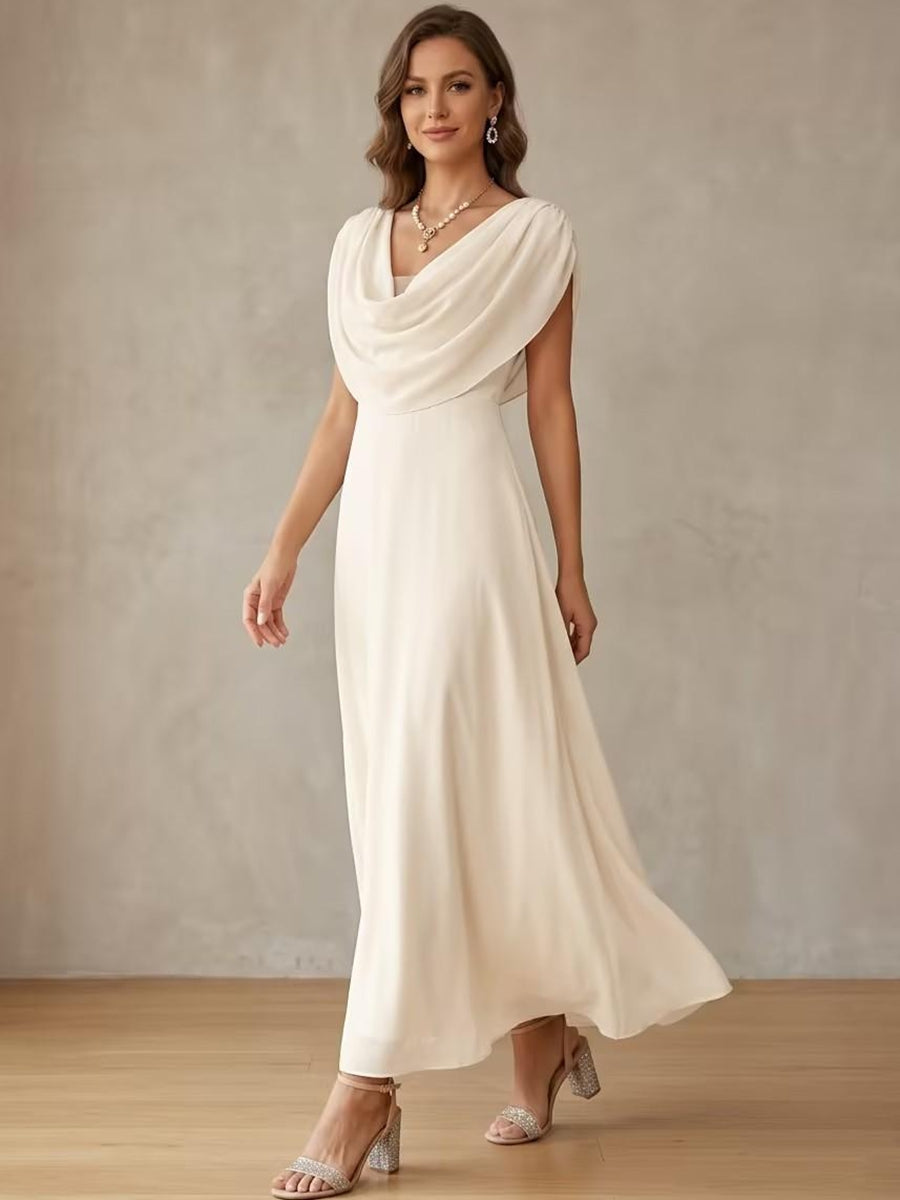 A-Line chiffon cocktail dress in ivory featuring a stylish cowl neck and ankle-length design, perfect for weddings and formal parties, with a sleeveless silhouette 0
