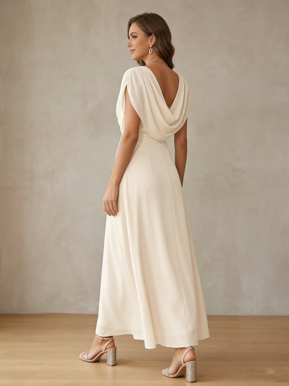 A-Line chiffon cocktail dress in ivory featuring a stylish cowl neck and ankle-length design, perfect for weddings and formal parties, with a sleeveless silhouette 1
