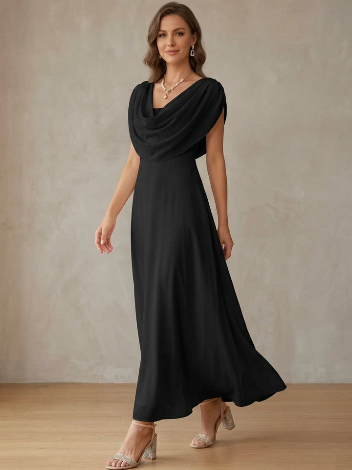 A-Line chiffon cocktail dress in ivory featuring a stylish cowl neck and ankle-length design, perfect for weddings and formal parties, with a sleeveless silhouette 2