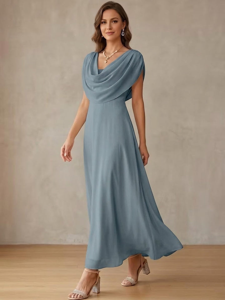 A-Line chiffon cocktail dress in ivory featuring a stylish cowl neck and ankle-length design, perfect for weddings and formal parties, with a sleeveless silhouette 3