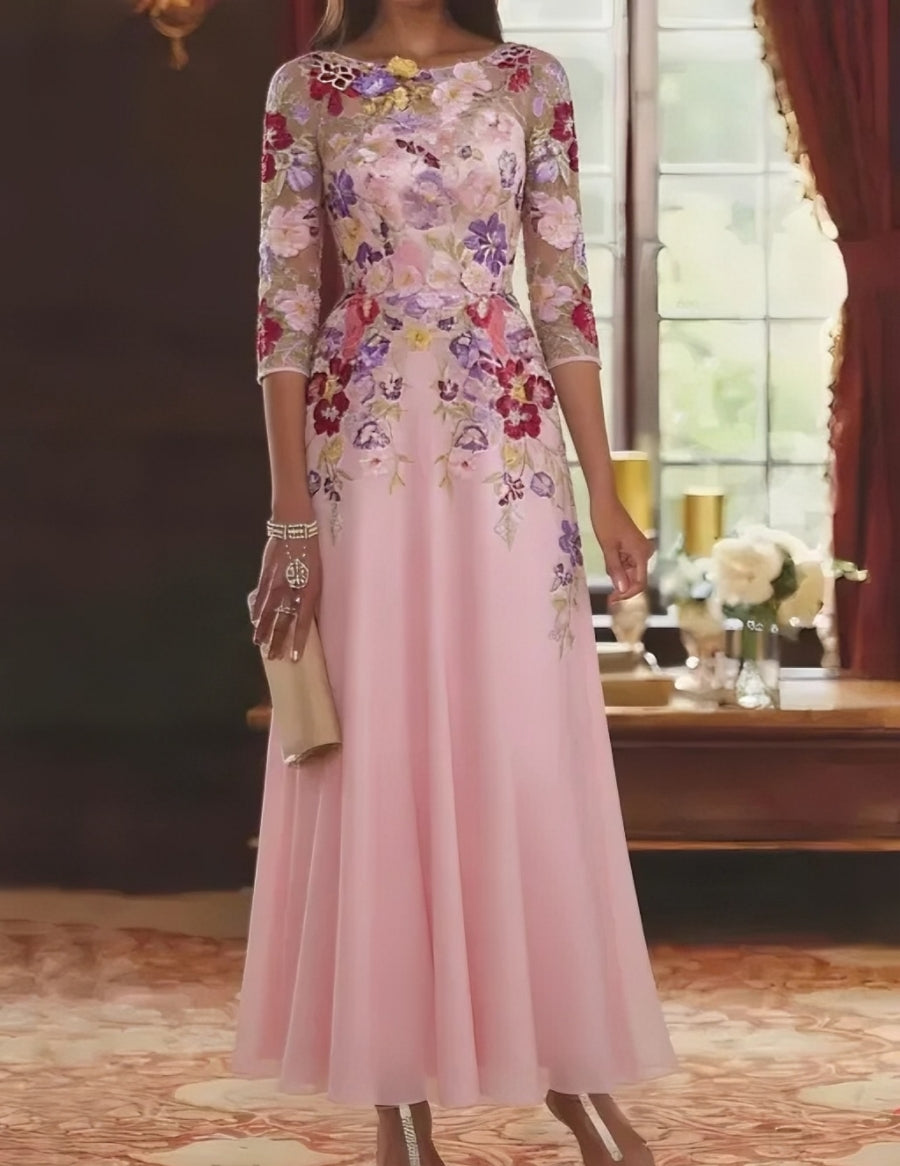 A-Line chiffon mother of the bride dress featuring intricate lace detail and elegant half sleeves, designed in a sophisticated ankle-length style. 0