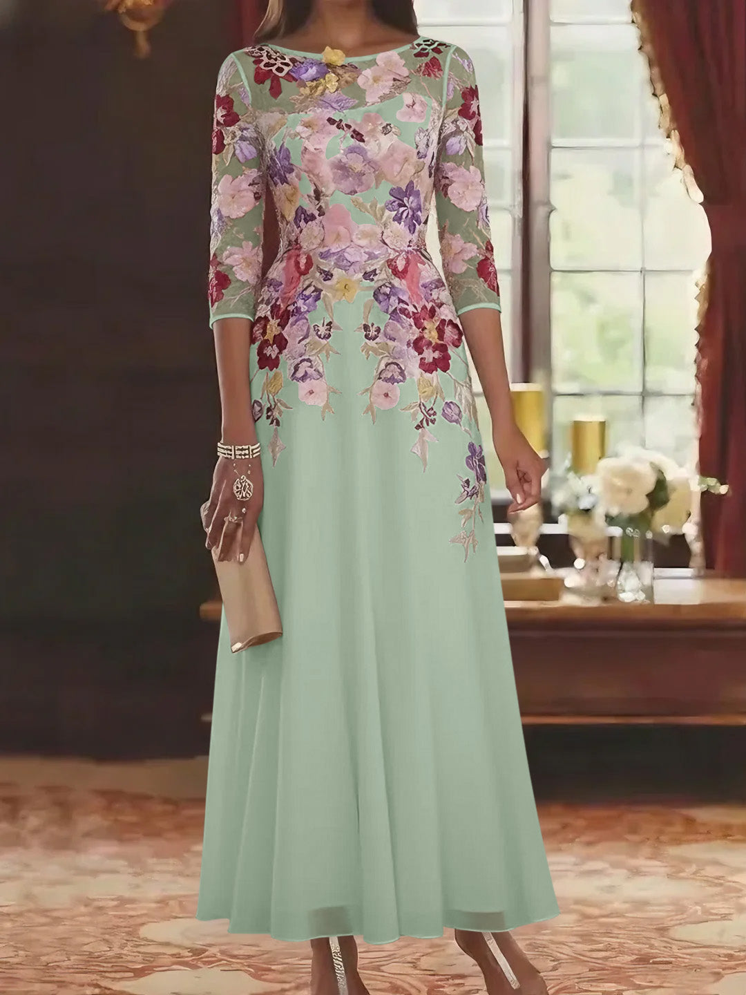 A-Line chiffon mother of the bride dress featuring intricate lace detail and elegant half sleeves, designed in a sophisticated ankle-length style. 13