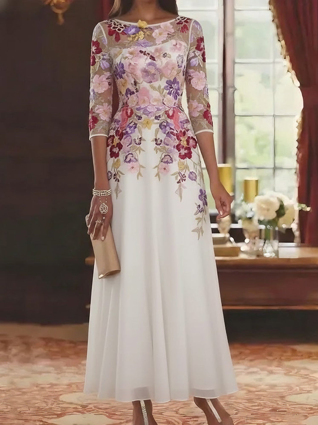 A-Line chiffon mother of the bride dress featuring intricate lace detail and elegant half sleeves, designed in a sophisticated ankle-length style. 4