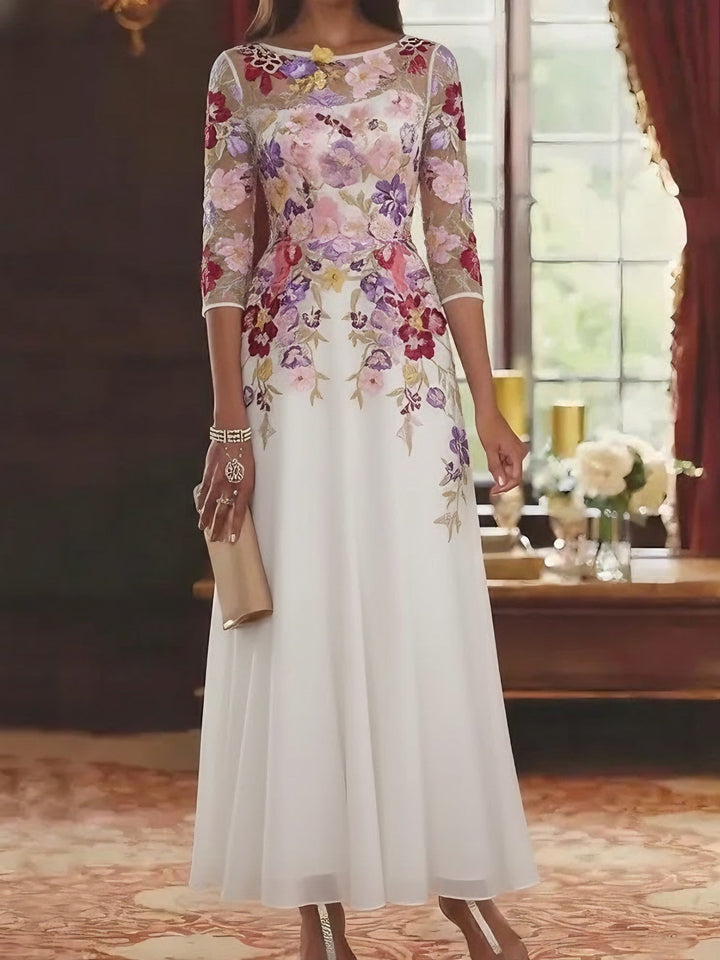 A-Line chiffon mother of the bride dress featuring intricate lace detail and elegant half sleeves, designed in a sophisticated ankle-length style. 4