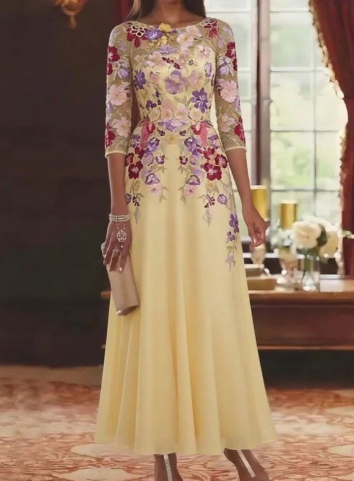 A-Line chiffon mother of the bride dress featuring intricate lace detail and elegant half sleeves, designed in a sophisticated ankle-length style. 5