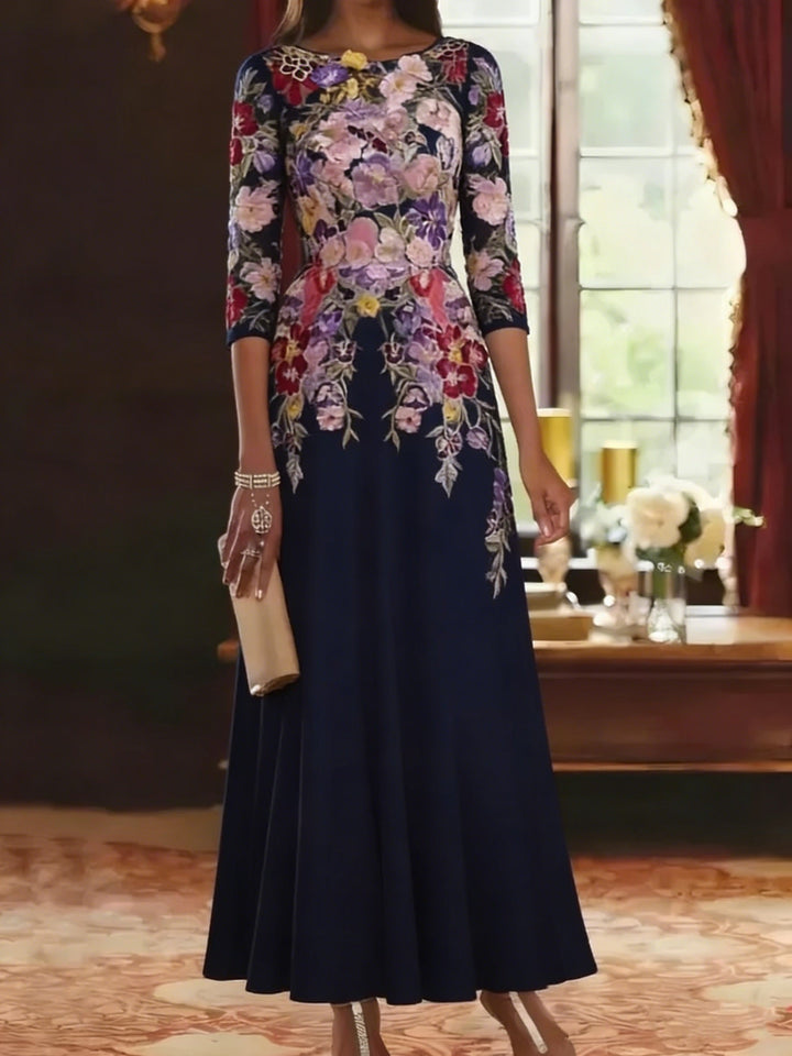 A-Line chiffon mother of the bride dress featuring intricate lace detail and elegant half sleeves, designed in a sophisticated ankle-length style. 6
