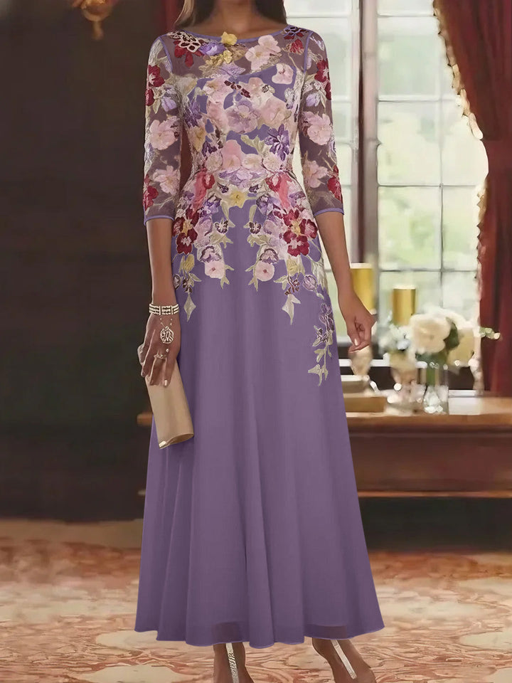 A-Line chiffon mother of the bride dress featuring intricate lace detail and elegant half sleeves, designed in a sophisticated ankle-length style. 9