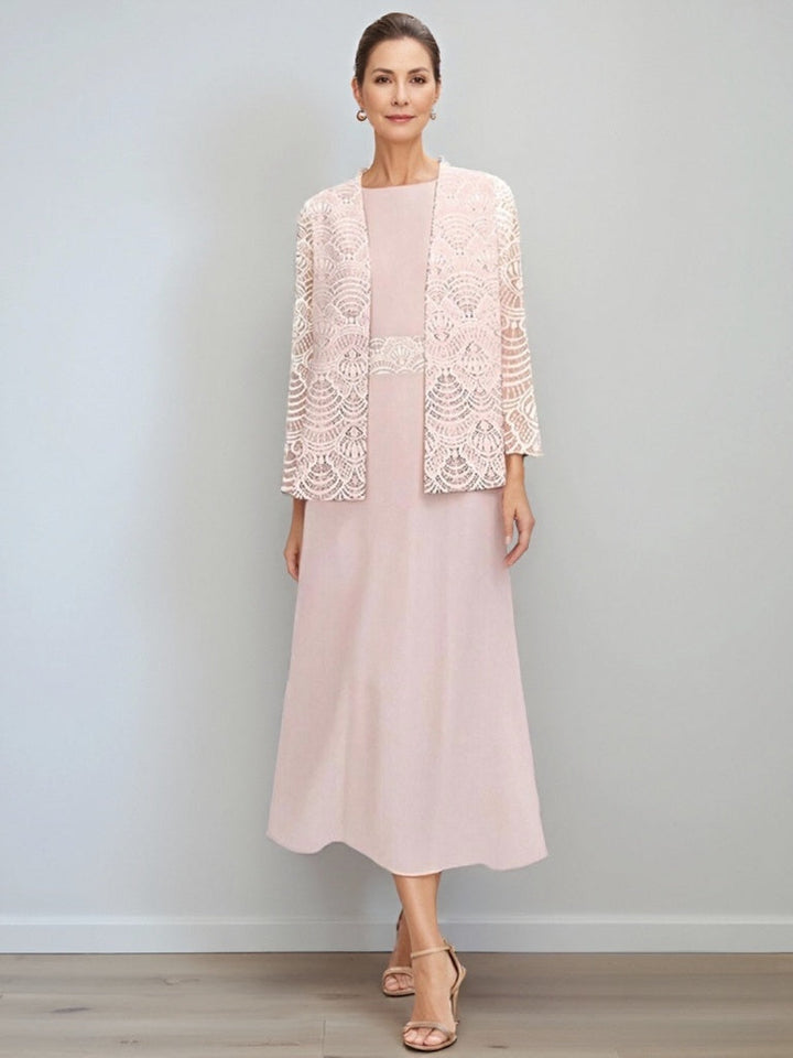 Elegant A-Line chiffon Mother of the Bride dress featuring a lace jacket, designed with a tea-length silhouette and a stylish jewel neck for a sophisticated look. 0
