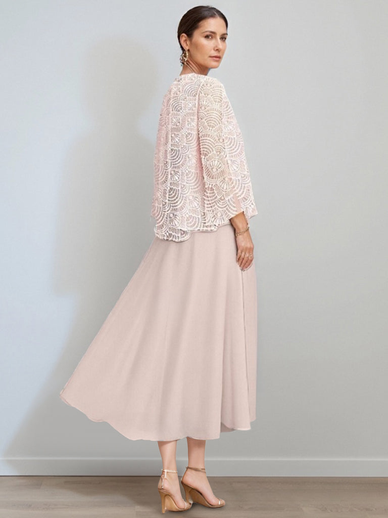 Elegant A-Line chiffon Mother of the Bride dress featuring a lace jacket, designed with a tea-length silhouette and a stylish jewel neck for a sophisticated look. 1