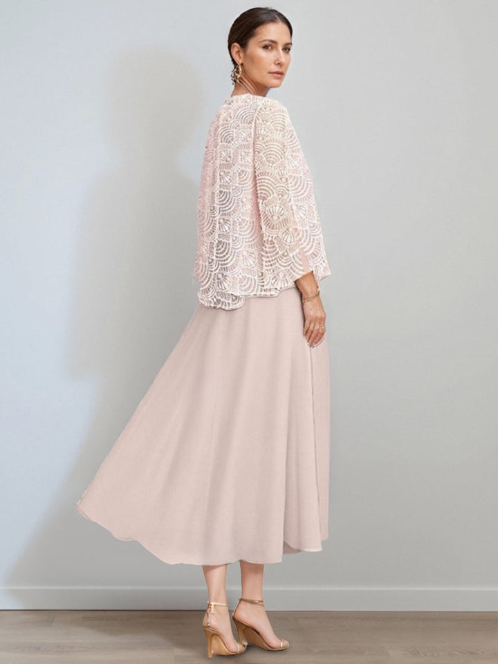 Elegant A-Line chiffon Mother of the Bride dress featuring a lace jacket, designed with a tea-length silhouette and a stylish jewel neck for a sophisticated look. 1