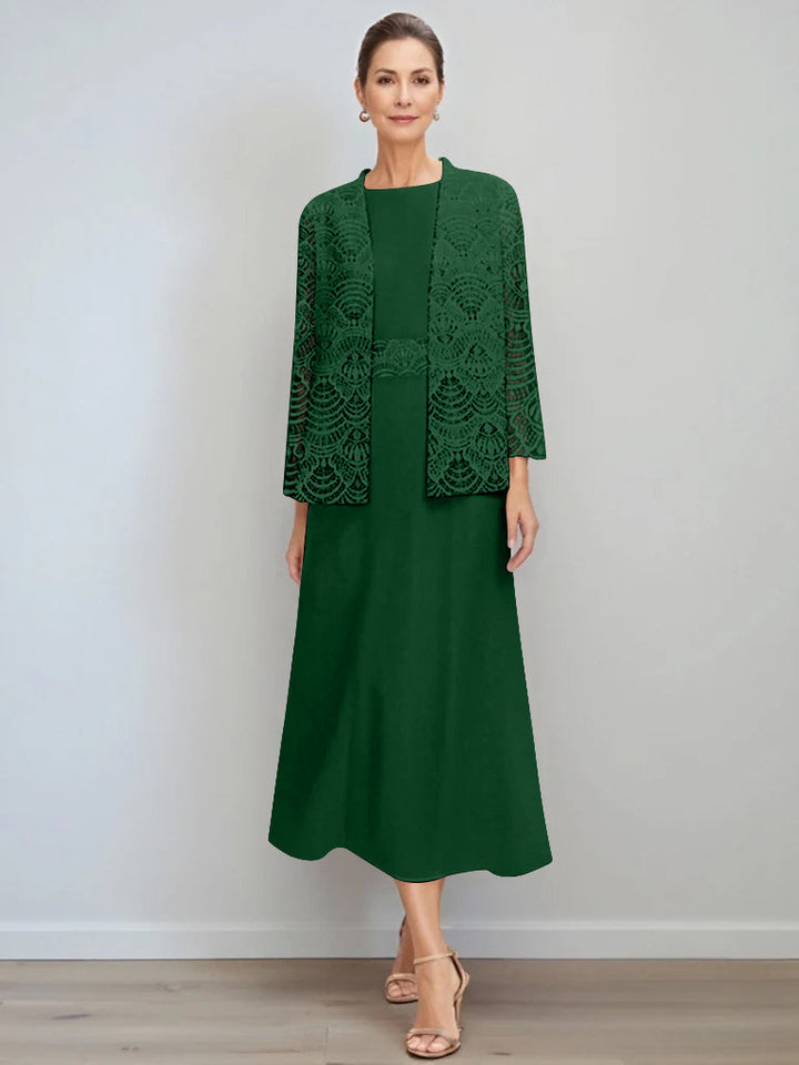 Elegant A-Line chiffon Mother of the Bride dress featuring a lace jacket, designed with a tea-length silhouette and a stylish jewel neck for a sophisticated look. 11