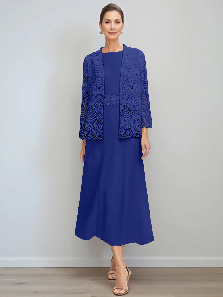 Elegant A-Line chiffon Mother of the Bride dress featuring a lace jacket, designed with a tea-length silhouette and a stylish jewel neck for a sophisticated look. 29