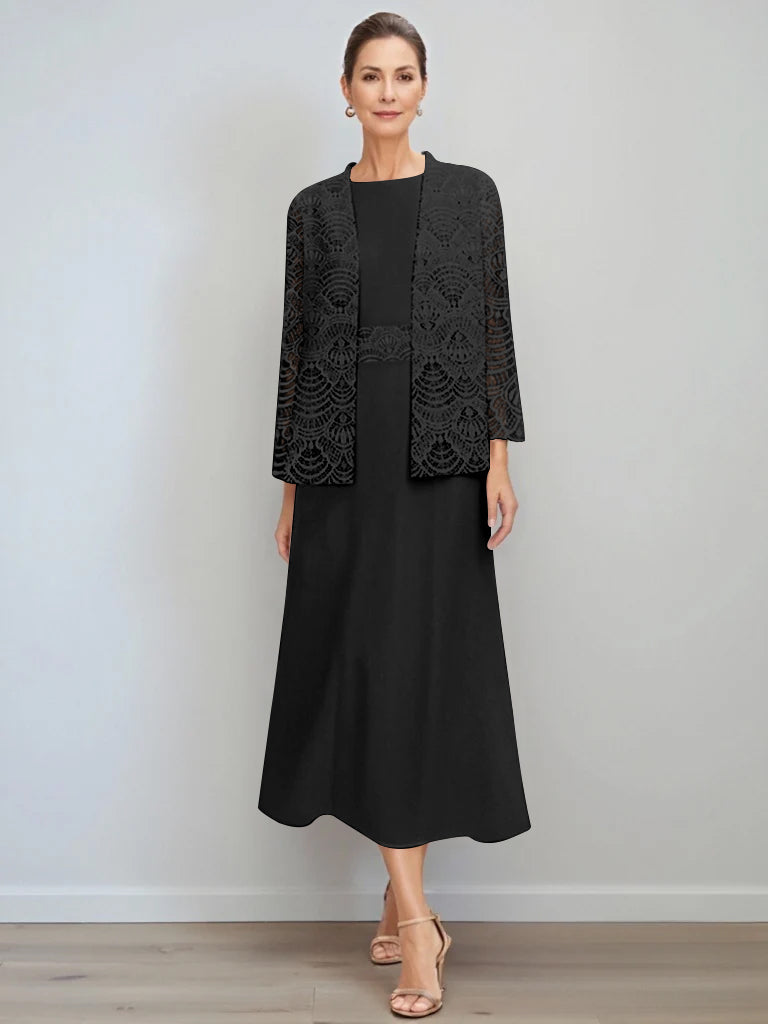 Elegant A-Line chiffon Mother of the Bride dress featuring a lace jacket, designed with a tea-length silhouette and a stylish jewel neck for a sophisticated look. 3