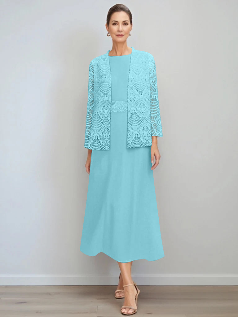 Elegant A-Line chiffon Mother of the Bride dress featuring a lace jacket, designed with a tea-length silhouette and a stylish jewel neck for a sophisticated look. 4
