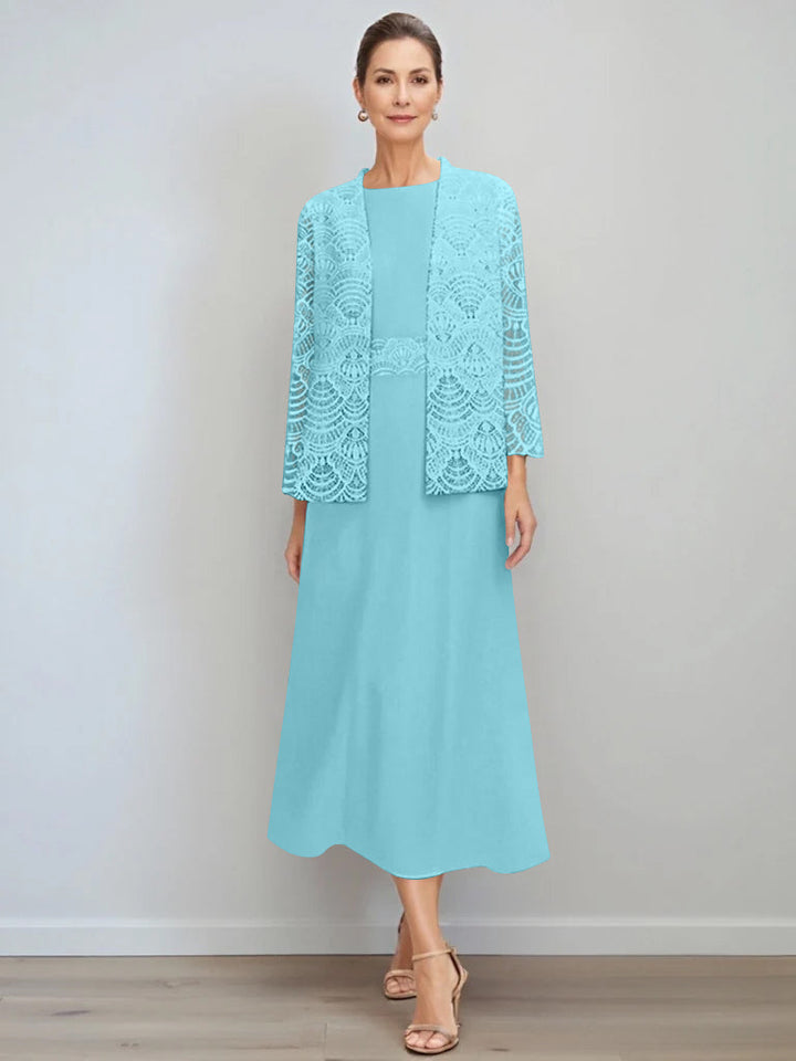 Elegant A-Line chiffon Mother of the Bride dress featuring a lace jacket, designed with a tea-length silhouette and a stylish jewel neck for a sophisticated look. 4