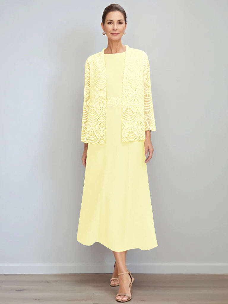 Elegant A-Line chiffon Mother of the Bride dress featuring a lace jacket, designed with a tea-length silhouette and a stylish jewel neck for a sophisticated look. 40