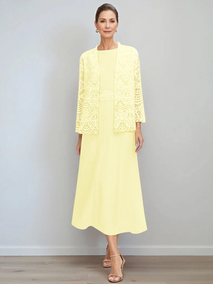Elegant A-Line chiffon Mother of the Bride dress featuring a lace jacket, designed with a tea-length silhouette and a stylish jewel neck for a sophisticated look. 40