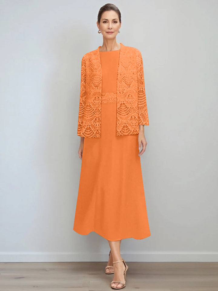 Elegant A-Line chiffon Mother of the Bride dress featuring a lace jacket, designed with a tea-length silhouette and a stylish jewel neck for a sophisticated look. 41