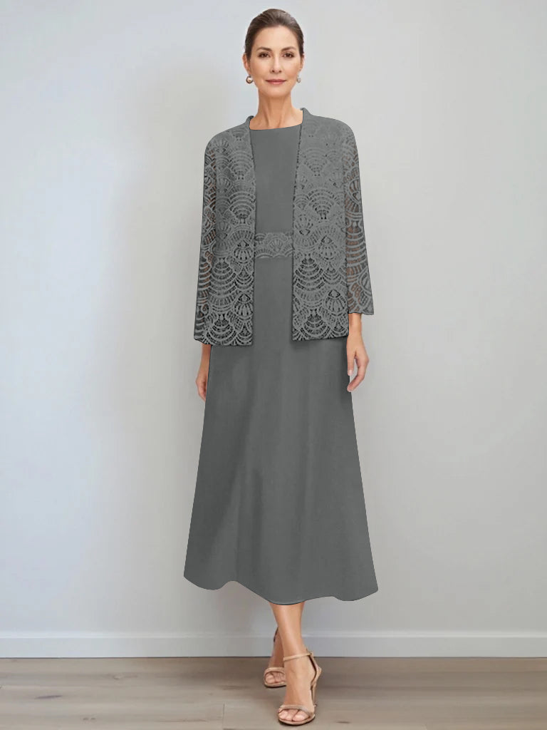 Elegant A-Line chiffon Mother of the Bride dress featuring a lace jacket, designed with a tea-length silhouette and a stylish jewel neck for a sophisticated look. 45