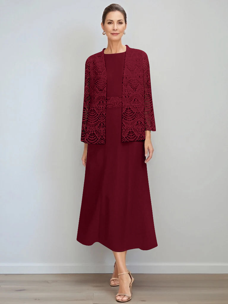 Elegant A-Line chiffon Mother of the Bride dress featuring a lace jacket, designed with a tea-length silhouette and a stylish jewel neck for a sophisticated look. 5