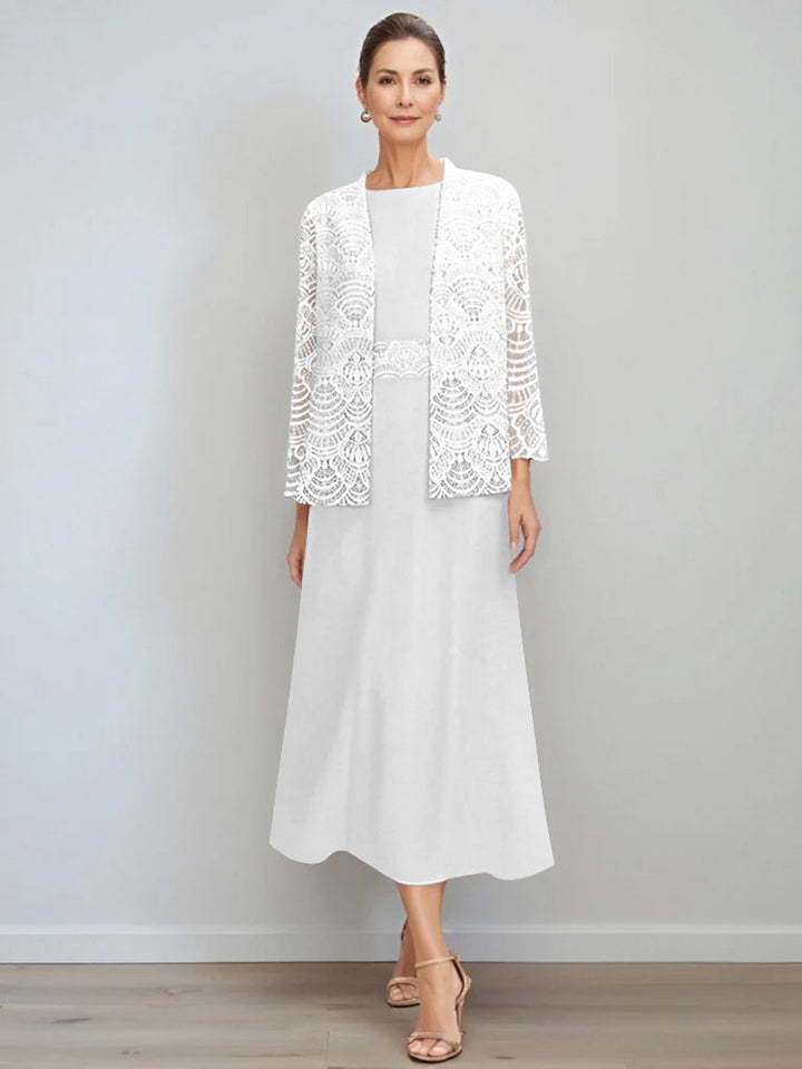 Elegant A-Line chiffon Mother of the Bride dress featuring a lace jacket, designed with a tea-length silhouette and a stylish jewel neck for a sophisticated look. 54