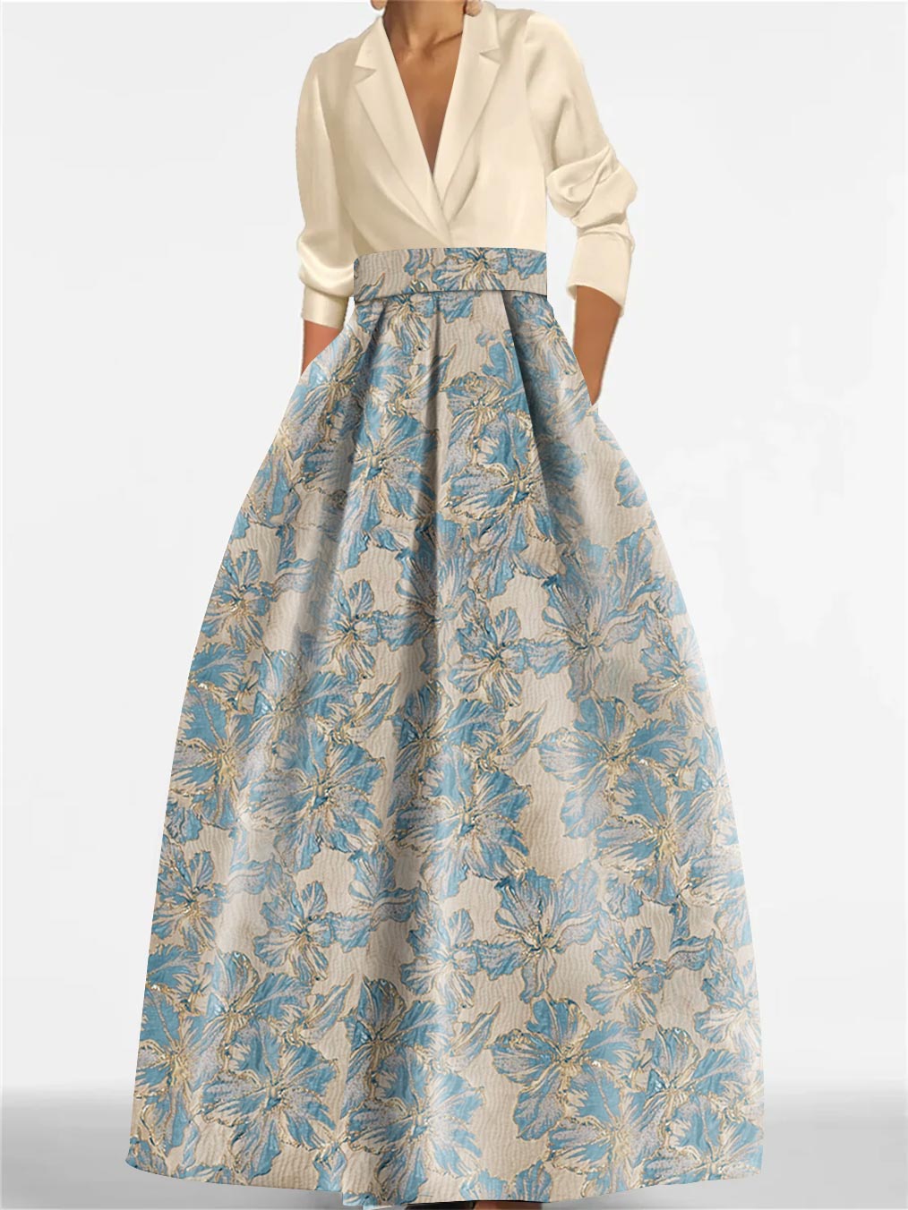 A-Line Floral Print Dress with Shirt Collar and 3/4 Sleeves – Elegant Mother of the Bride & Groom Gown 0