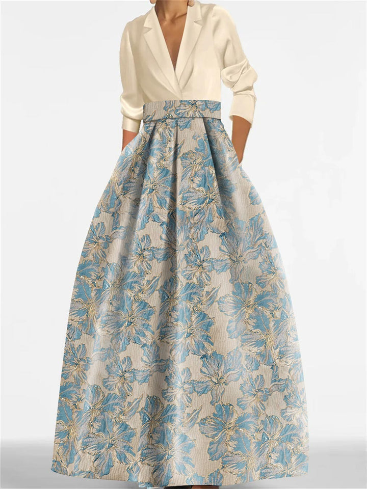 A-Line Floral Print Dress with Shirt Collar and 3/4 Sleeves – Elegant Mother of the Bride & Groom Gown 0