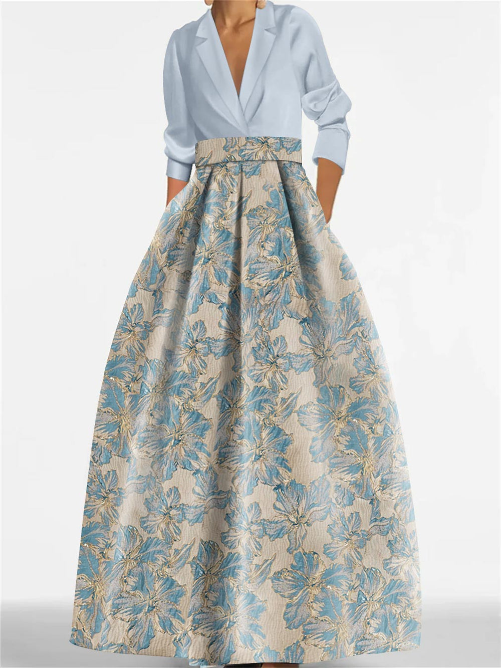 A-Line Floral Print Dress with Shirt Collar and 3/4 Sleeves – Elegant Mother of the Bride & Groom Gown 1