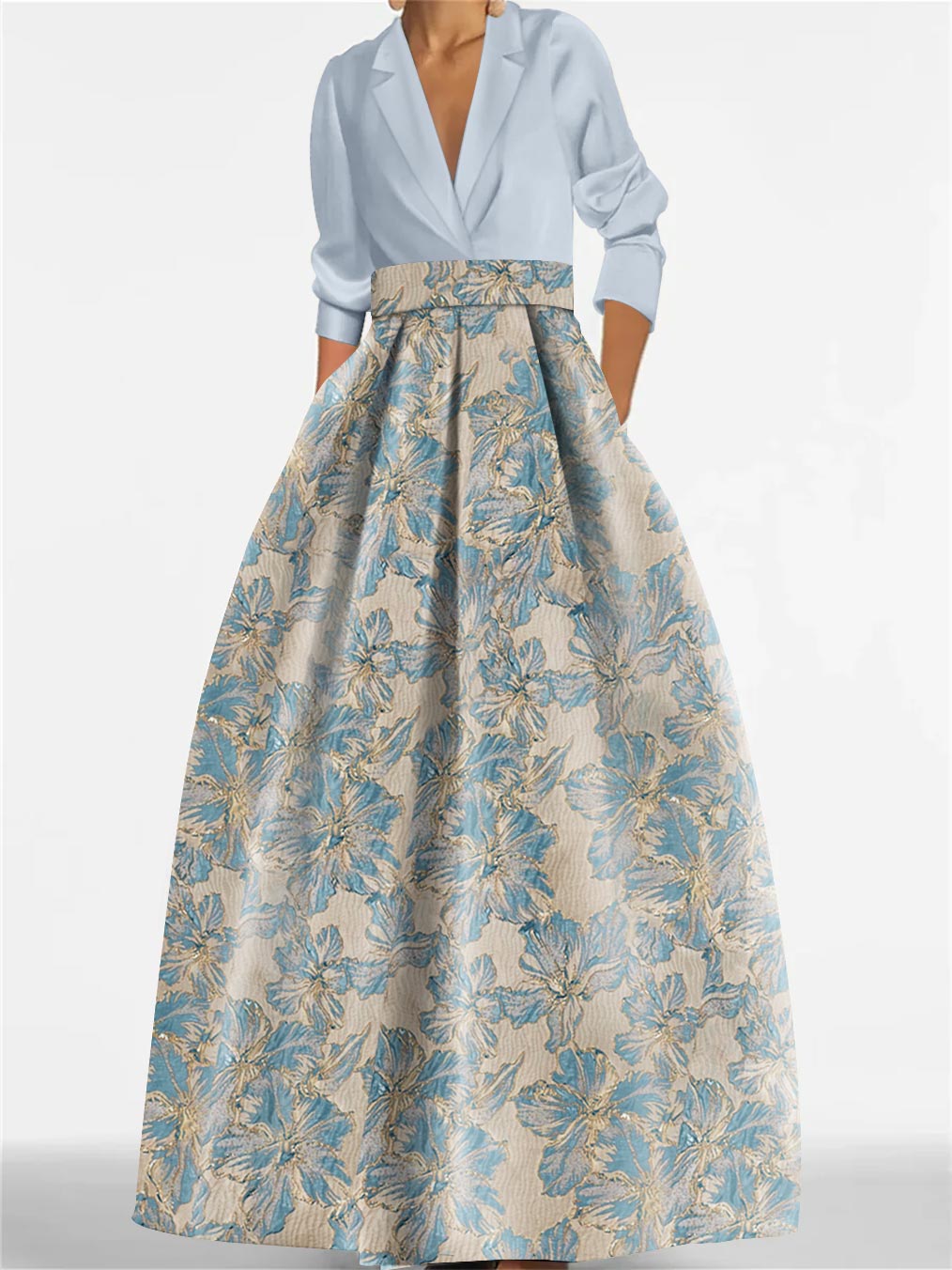 A-Line Floral Print Dress with Shirt Collar and 3/4 Sleeves – Elegant Mother of the Bride & Groom Gown 1
