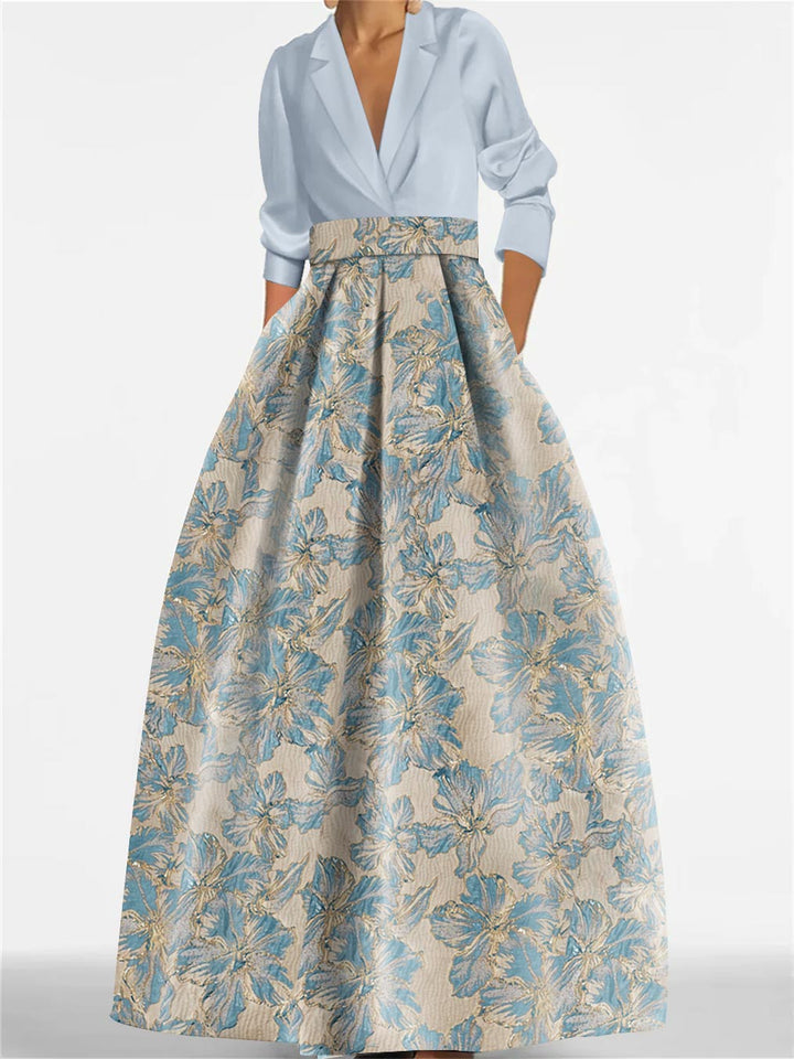 A-Line Floral Print Dress with Shirt Collar and 3/4 Sleeves – Elegant Mother of the Bride & Groom Gown 1