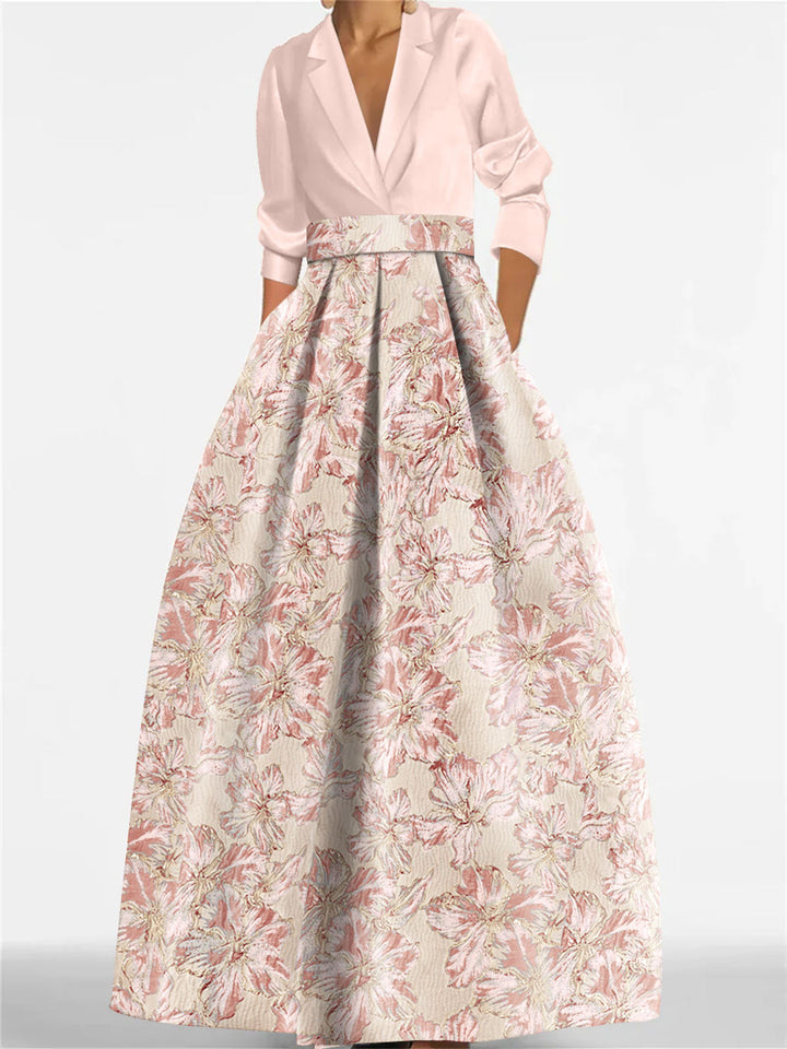 A-Line Floral Print Dress with Shirt Collar and 3/4 Sleeves – Elegant Mother of the Bride & Groom Gown 10