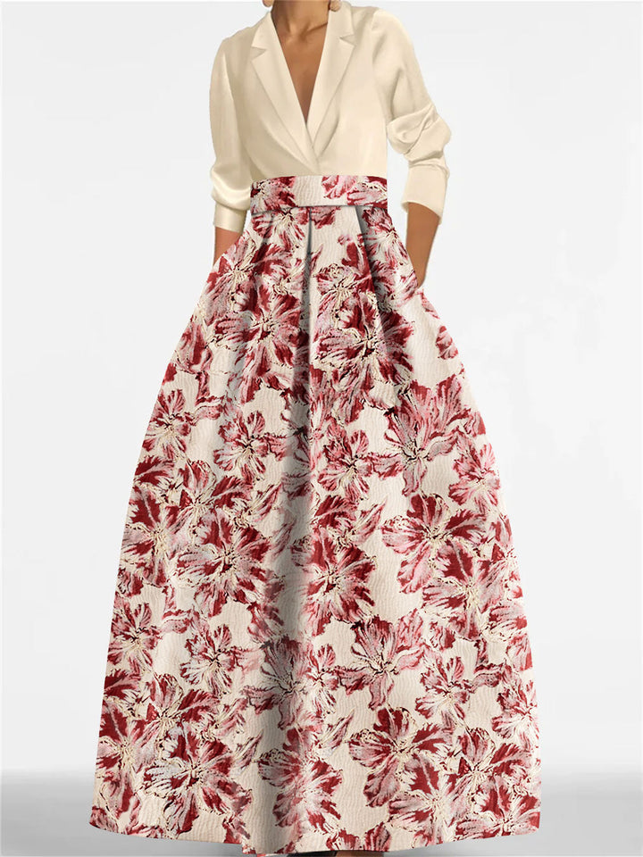 A-Line Floral Print Dress with Shirt Collar and 3/4 Sleeves – Elegant Mother of the Bride & Groom Gown 8